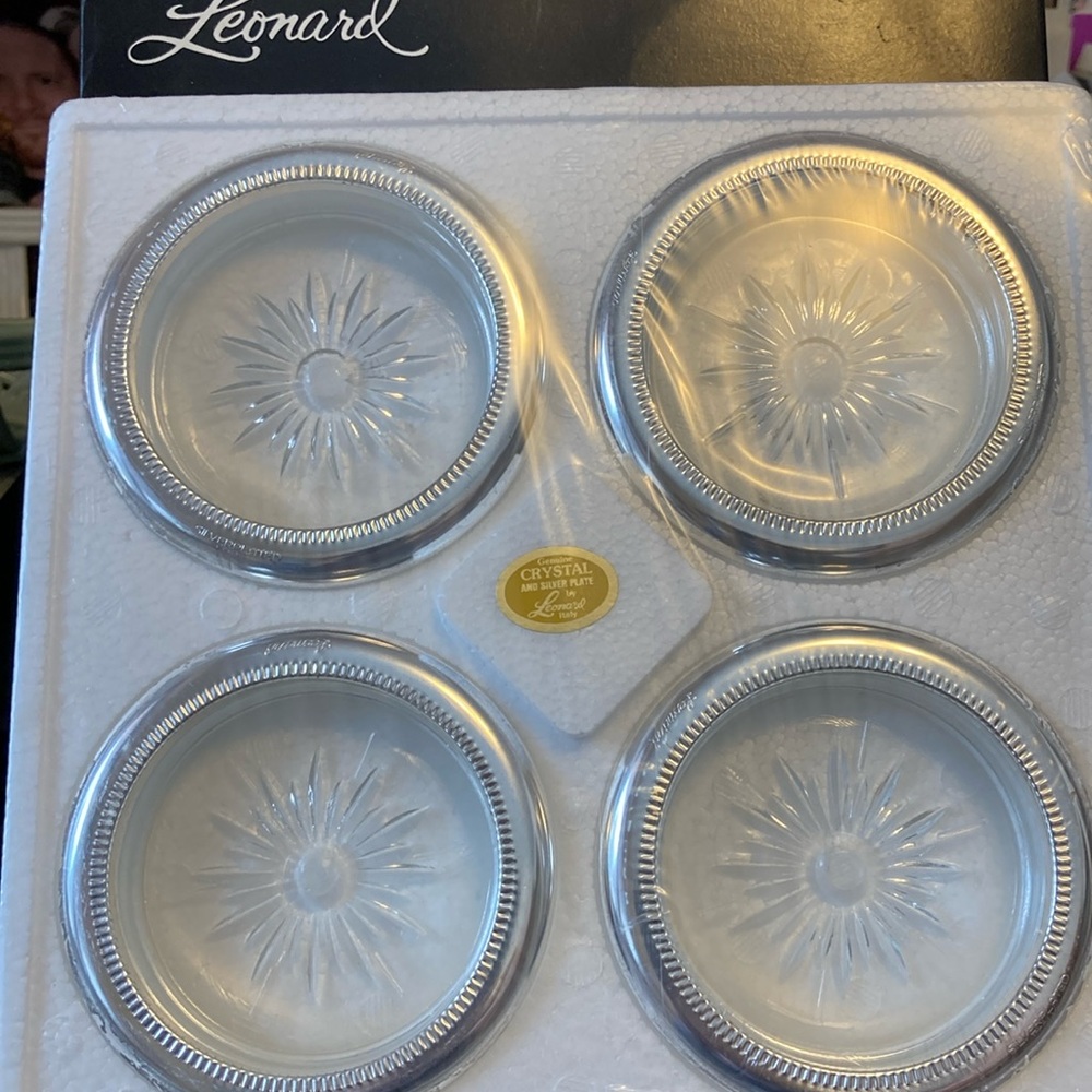 Vintage Leonard Italy Crystal & Silver Plated Coasters